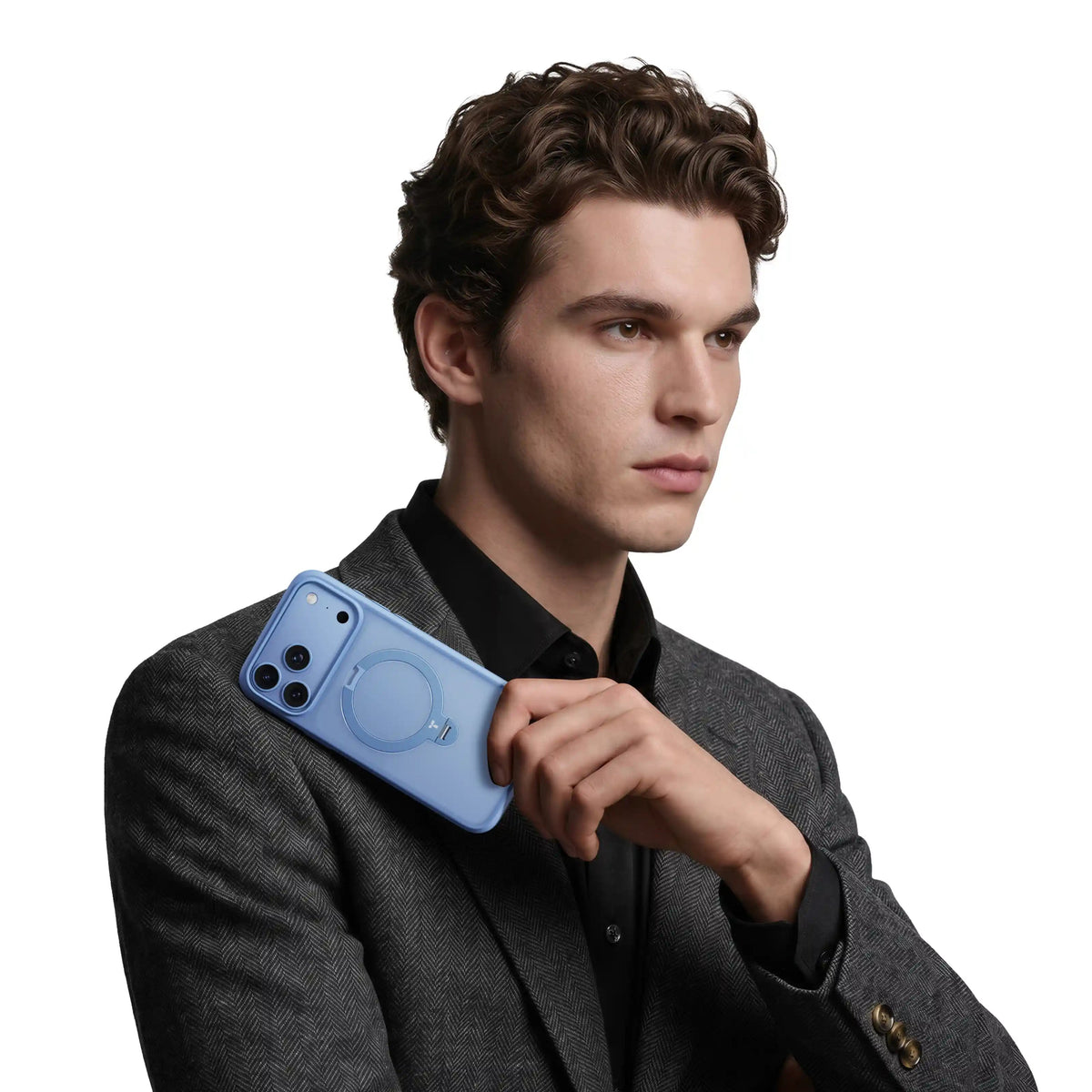 Man in a grey herringbone blazer holding an iPhone 18 Pro Max in the light blue Q3 Spin case