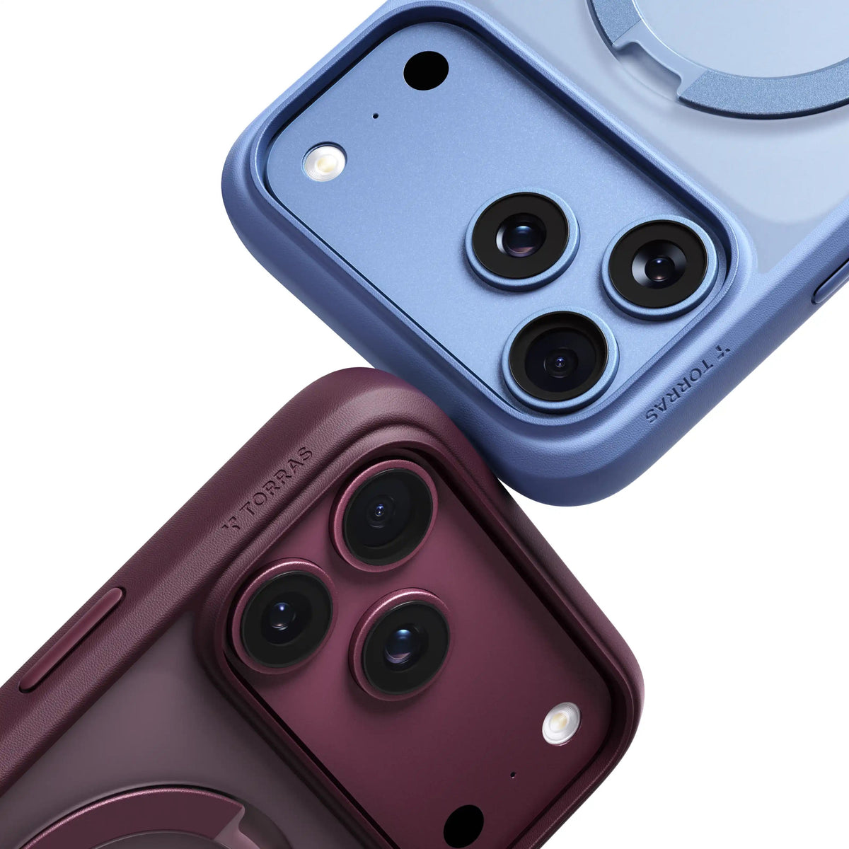 Close-up of two Q3 Spin camera corners, Horizon Blue above and wine-purple Dusk Purple below