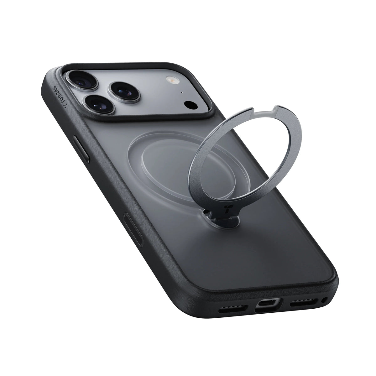 Obsidian Black Q3 Spin case on iPhone 18 Pro Max at an angle with the silver ring stand swung open