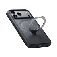 Obsidian Black Q3 Spin case on iPhone 18 Pro Max at an angle with the silver ring stand swung open