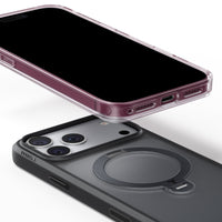 Clear Q3 Spin case on a phone above a black Q3 Spin case, showing the charge port and rotating ring