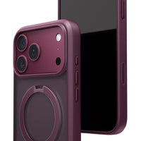 Wine-purple Q3 Spin case at an angle in front of an iPhone 18 Pro Max, matte camera bezel and ring stand