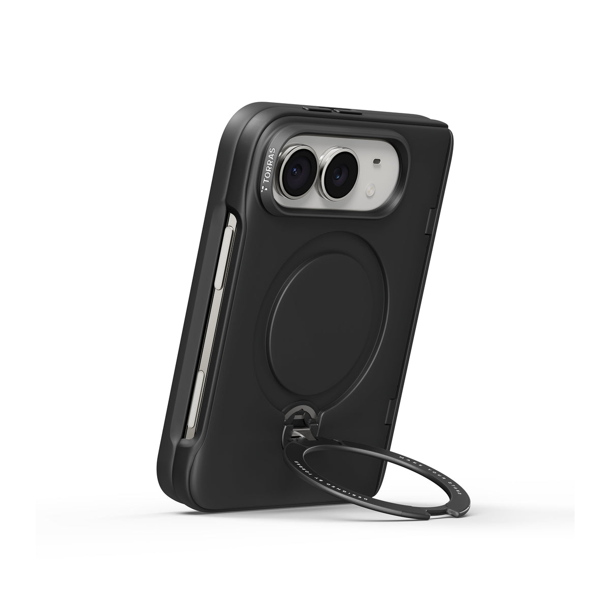 Black Ostand Q3 Spin case standing upright on its rotating ring kickstand