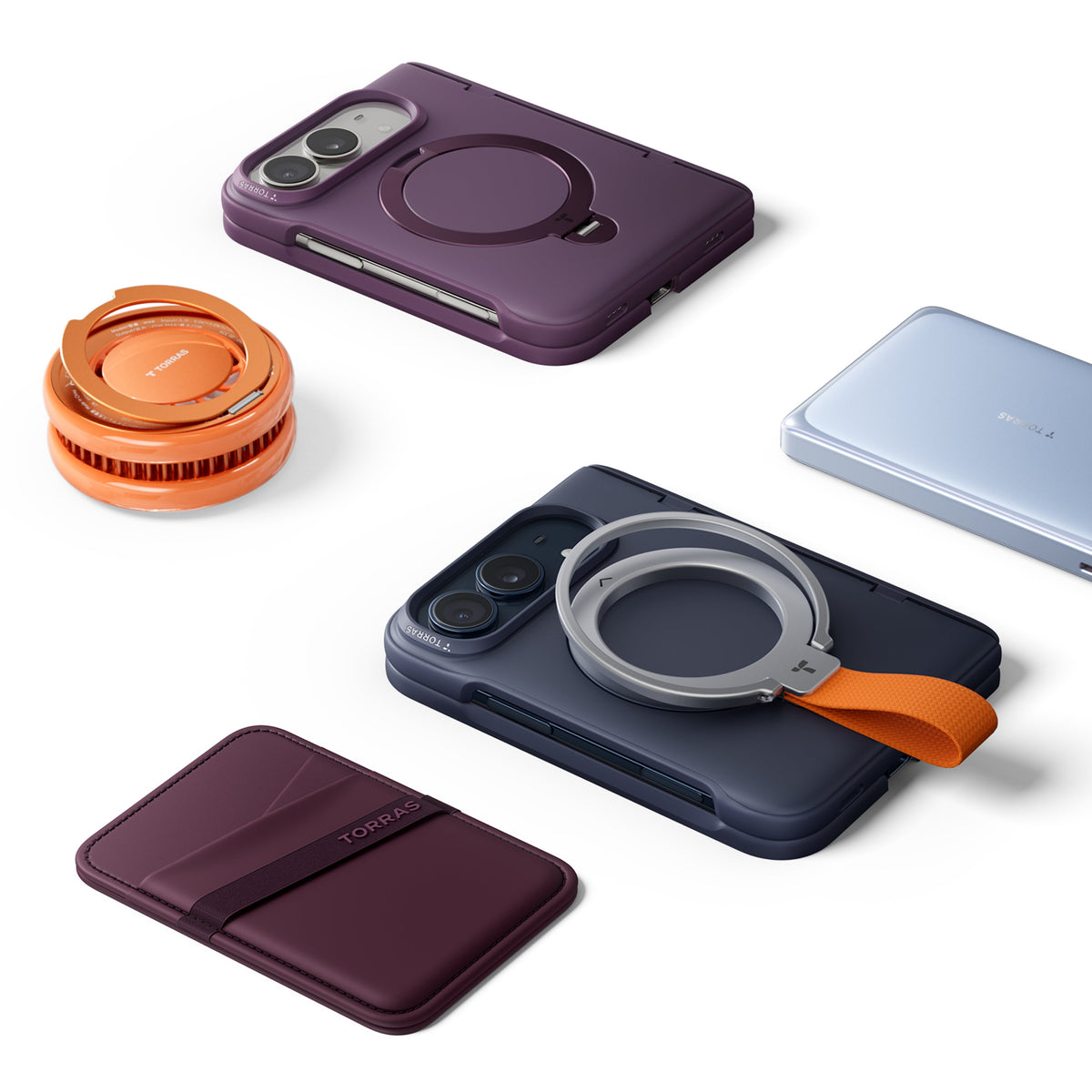 Purple and Deep Blue Ostand Q3 Spin cases laid flat with magnetic accessories: a grip ring with strap, a stand, a card wallet and a power bank