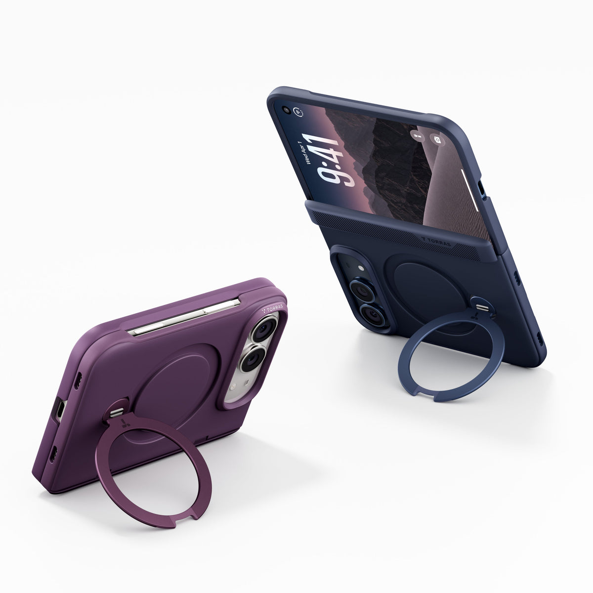 Two Ostand Q3 Spin cases propped on their ring stands, one Purple standing upright and one Deep Blue half-folded