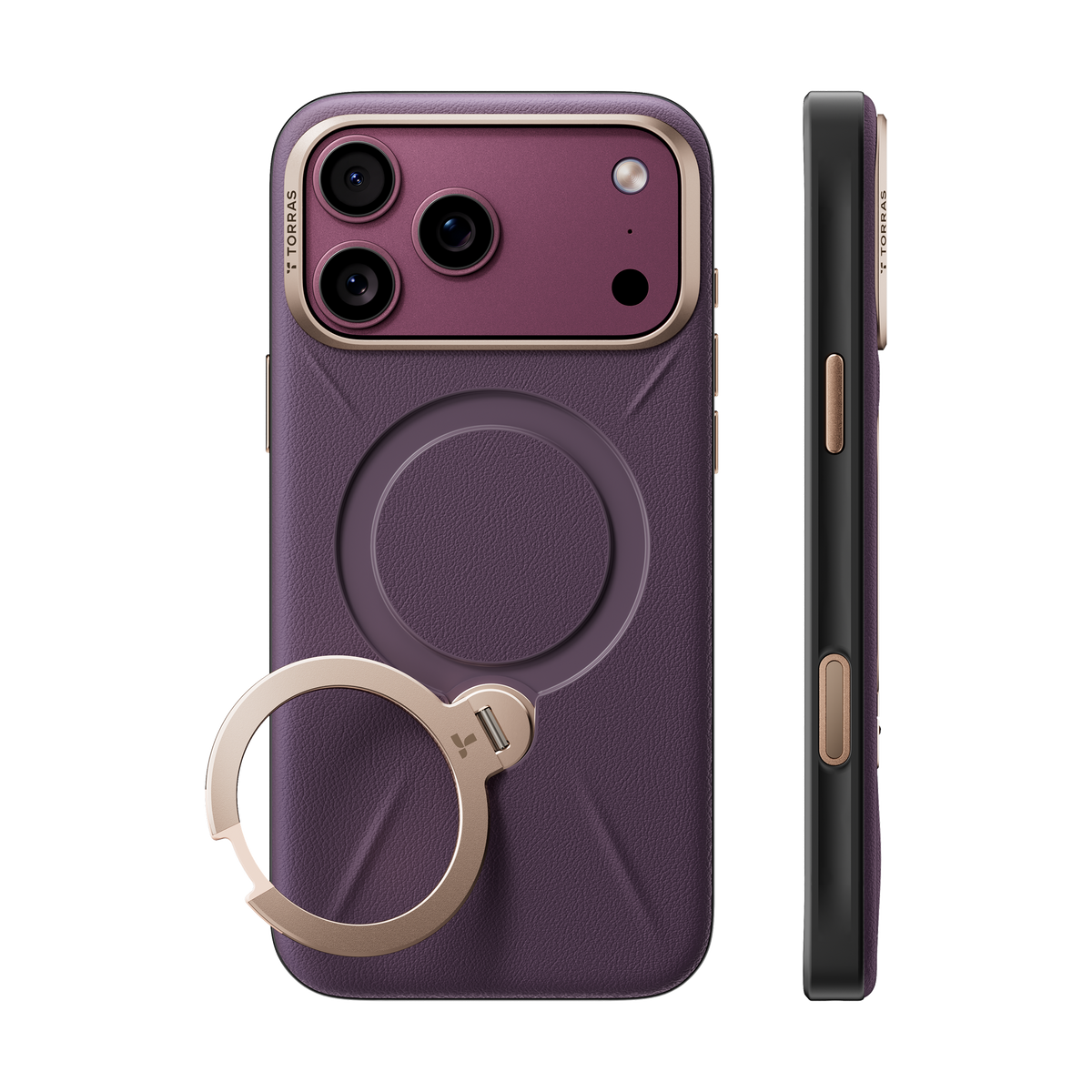 Cloud Plum Q3 VegSkin case on iPhone 18 Pro Max, back and side views: deep plum leather, gold camera bezel and ring stand