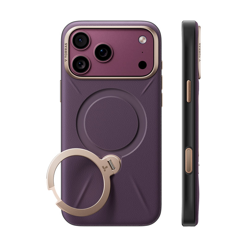 Cloud Plum Q3 VegSkin case on iPhone 18 Pro Max, back and side views: deep plum leather, gold camera bezel and ring stand