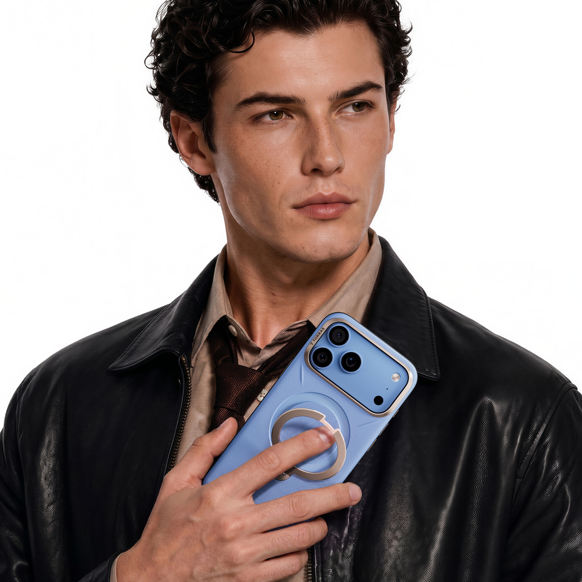 Man in a black leather jacket holding an iPhone 18 Pro Max in the Sky Frost blue VegSkin case, ring stand out