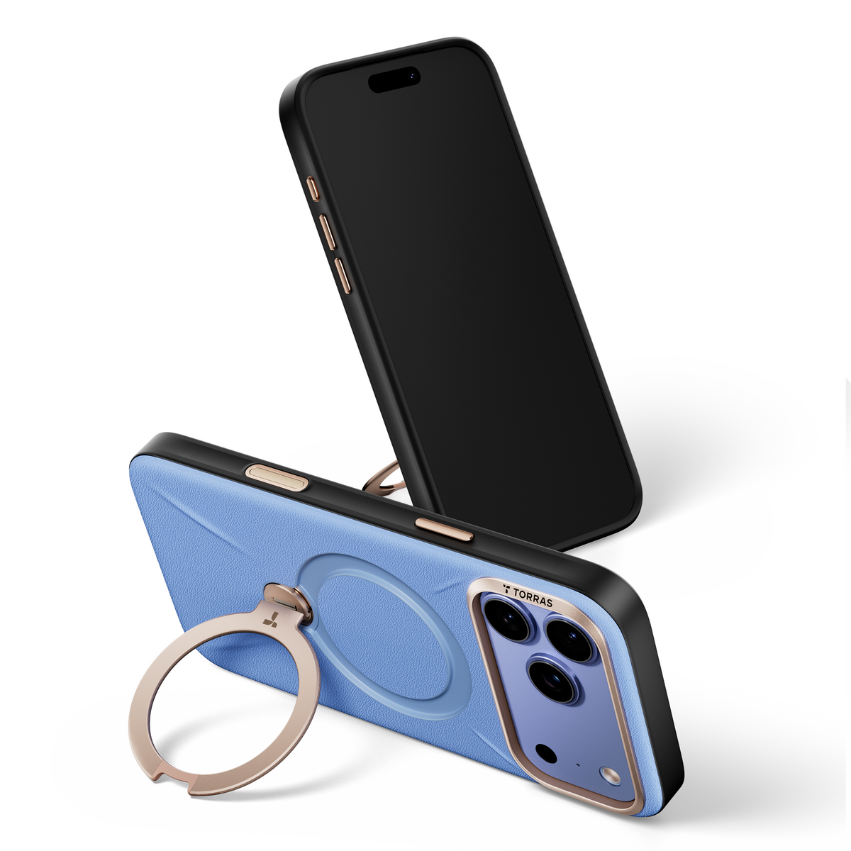 Sky Frost VegSkin case propped on its gold ring kickstand beside an iPhone 18 Pro Max standing screen-out