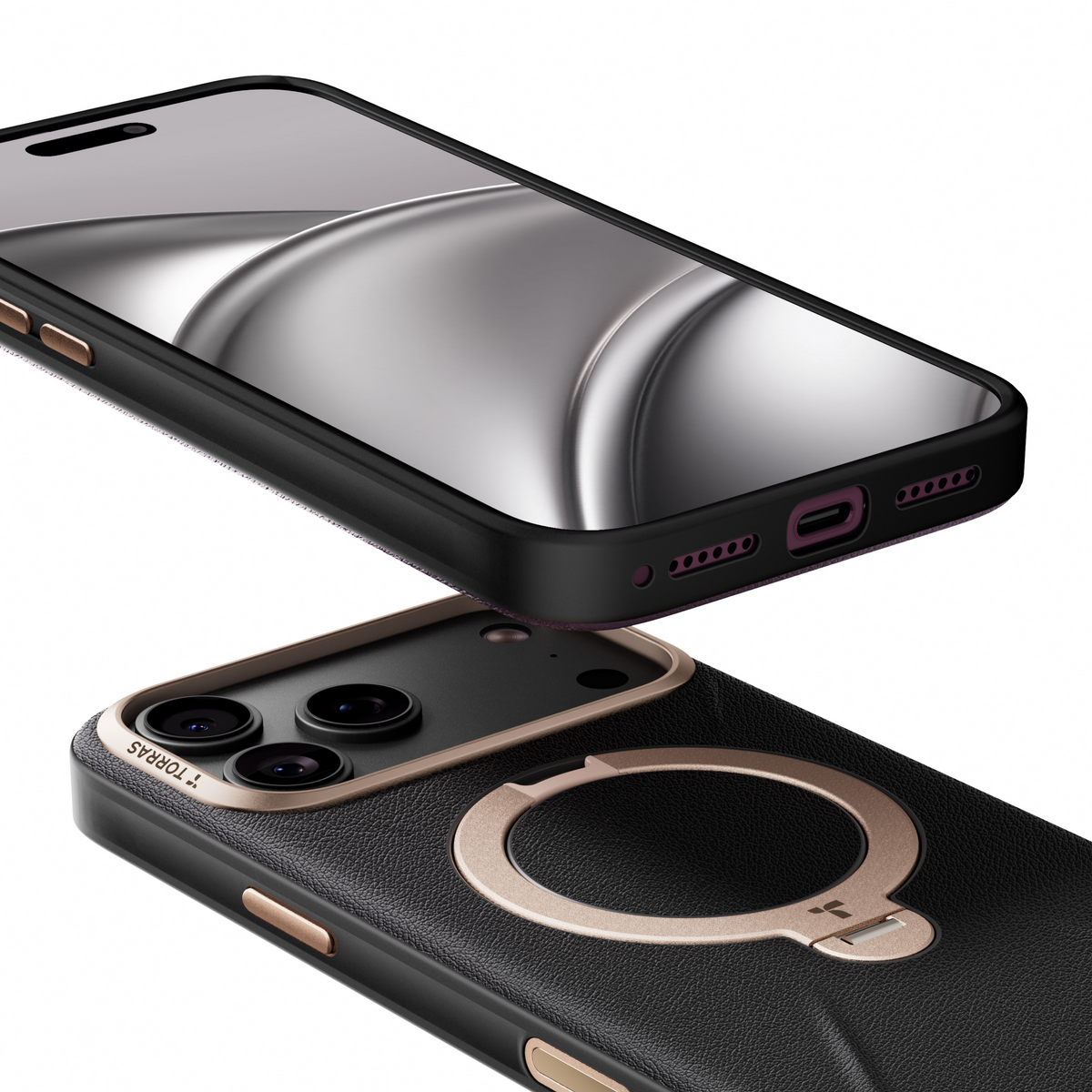 Close-up of the black VegSkin case's gold ring and camera bezel below an iPhone 18 Pro Max screen and charge port