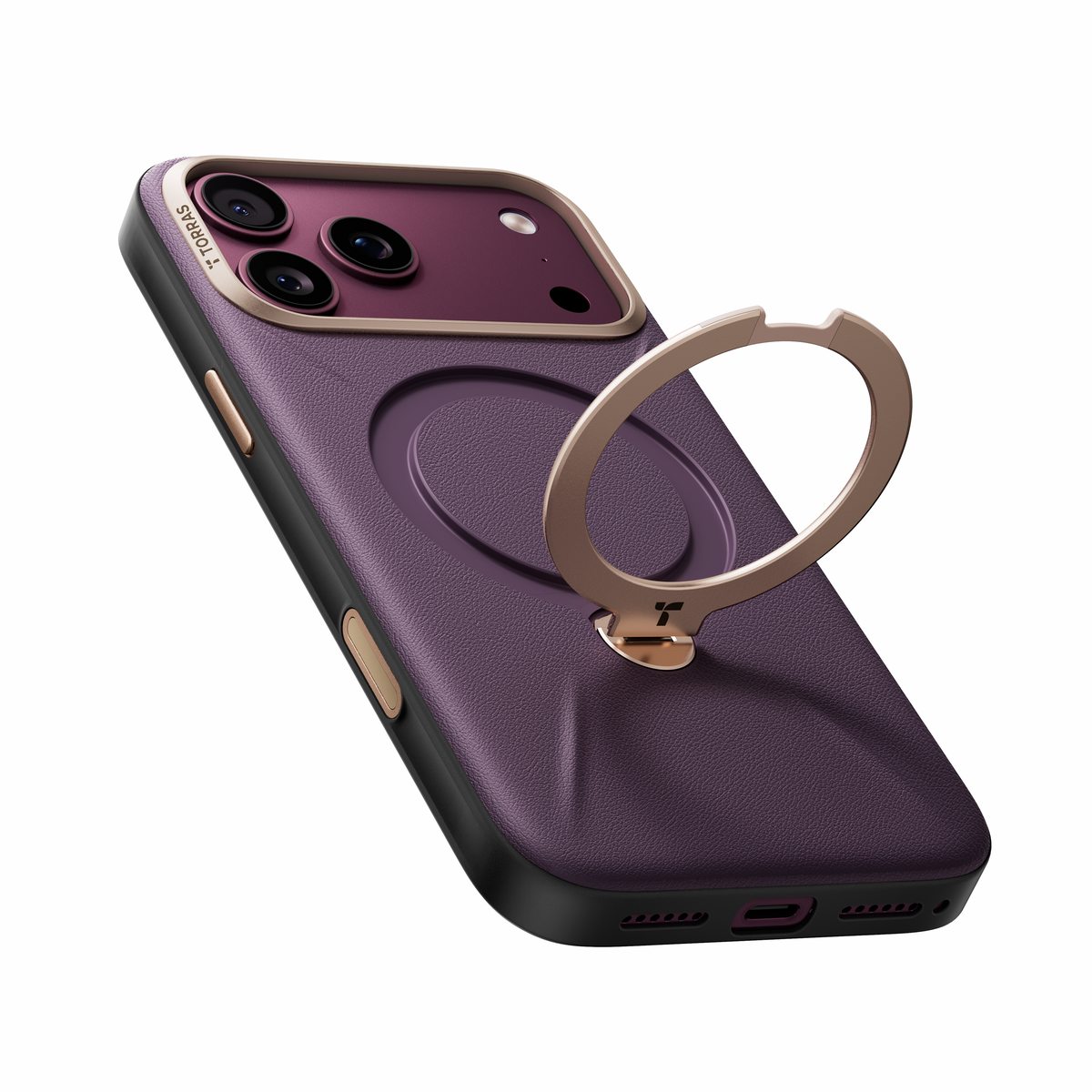 Plum VegSkin leather case on iPhone 18 Pro Max, angled back view with the gold ring stand swung open