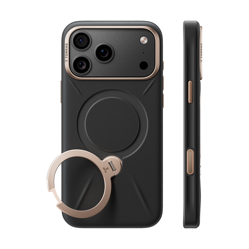Obsidian Black Q3 VegSkin case on iPhone 18 Pro Max, back and side views: black leather with a gold ring stand