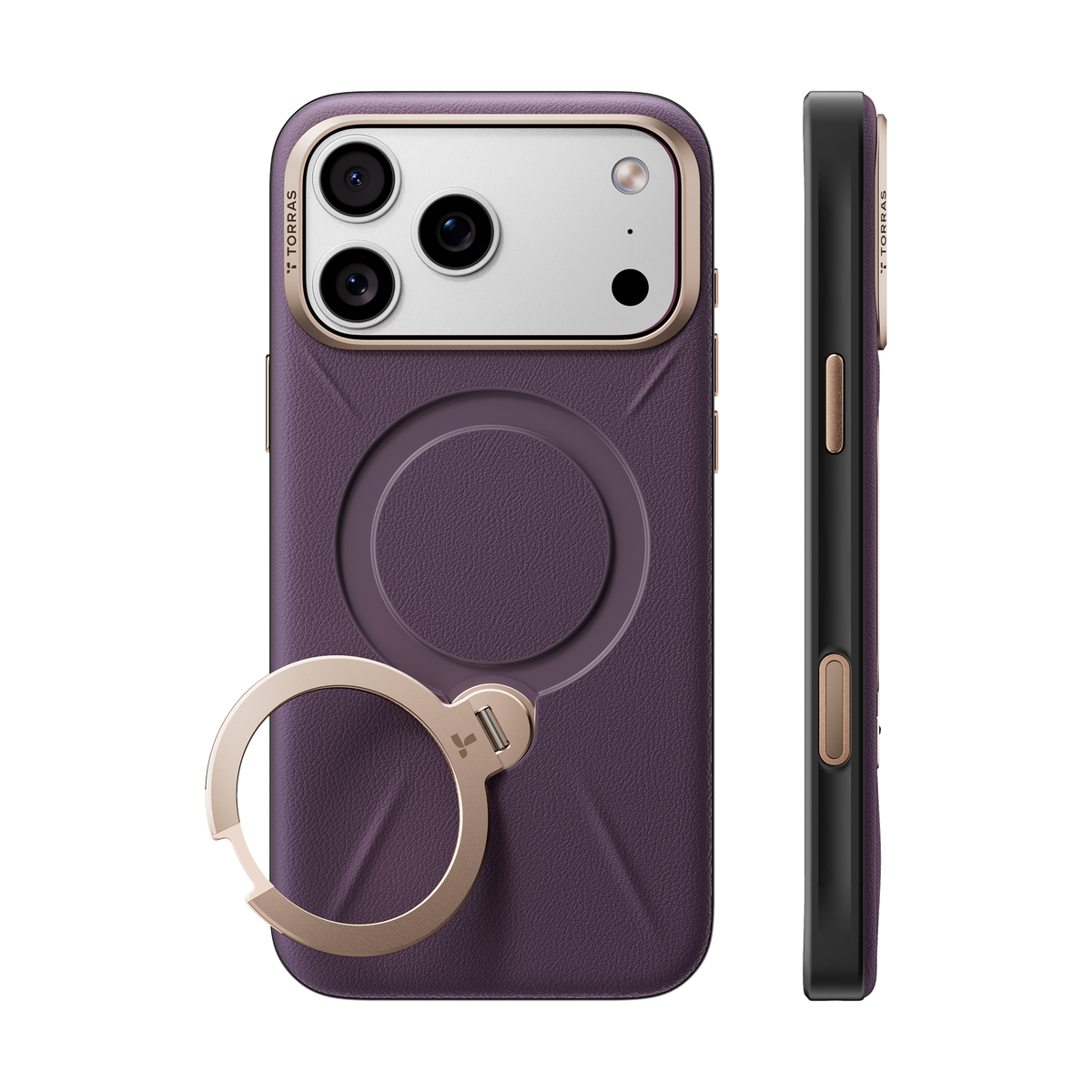 Plum VegSkin leather case on a silver iPhone 18 Pro Max, back and side views, gold camera bezel and ring stand