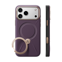 Plum VegSkin leather case on a silver iPhone 18 Pro Max, back and side views, gold camera bezel and ring stand