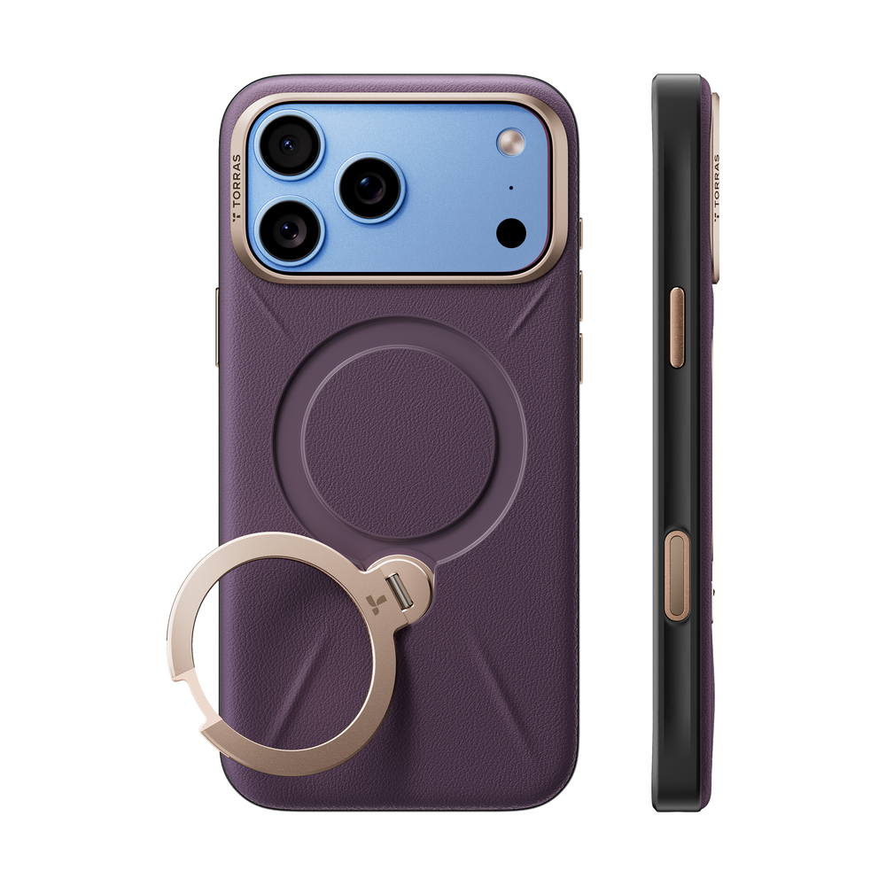 Plum VegSkin leather case on a blue iPhone 18 Pro Max, back and side views with the gold ring stand folded flat