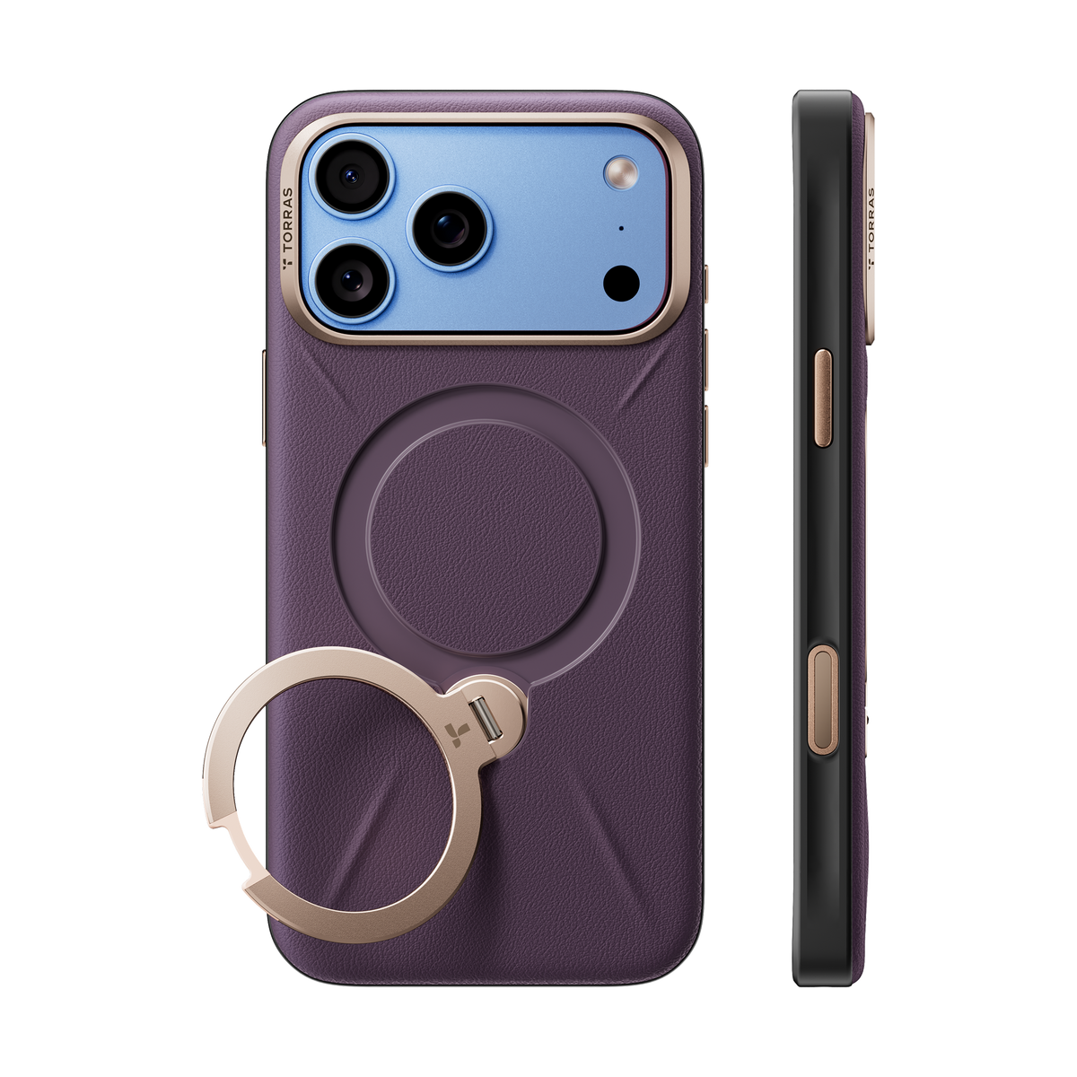 Plum VegSkin leather case on a blue iPhone 18 Pro Max, back and side views with the gold ring stand folded flat