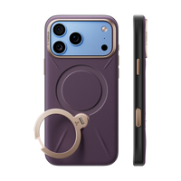 Plum VegSkin leather case on a blue iPhone 18 Pro Max, back and side views with the gold ring stand folded flat