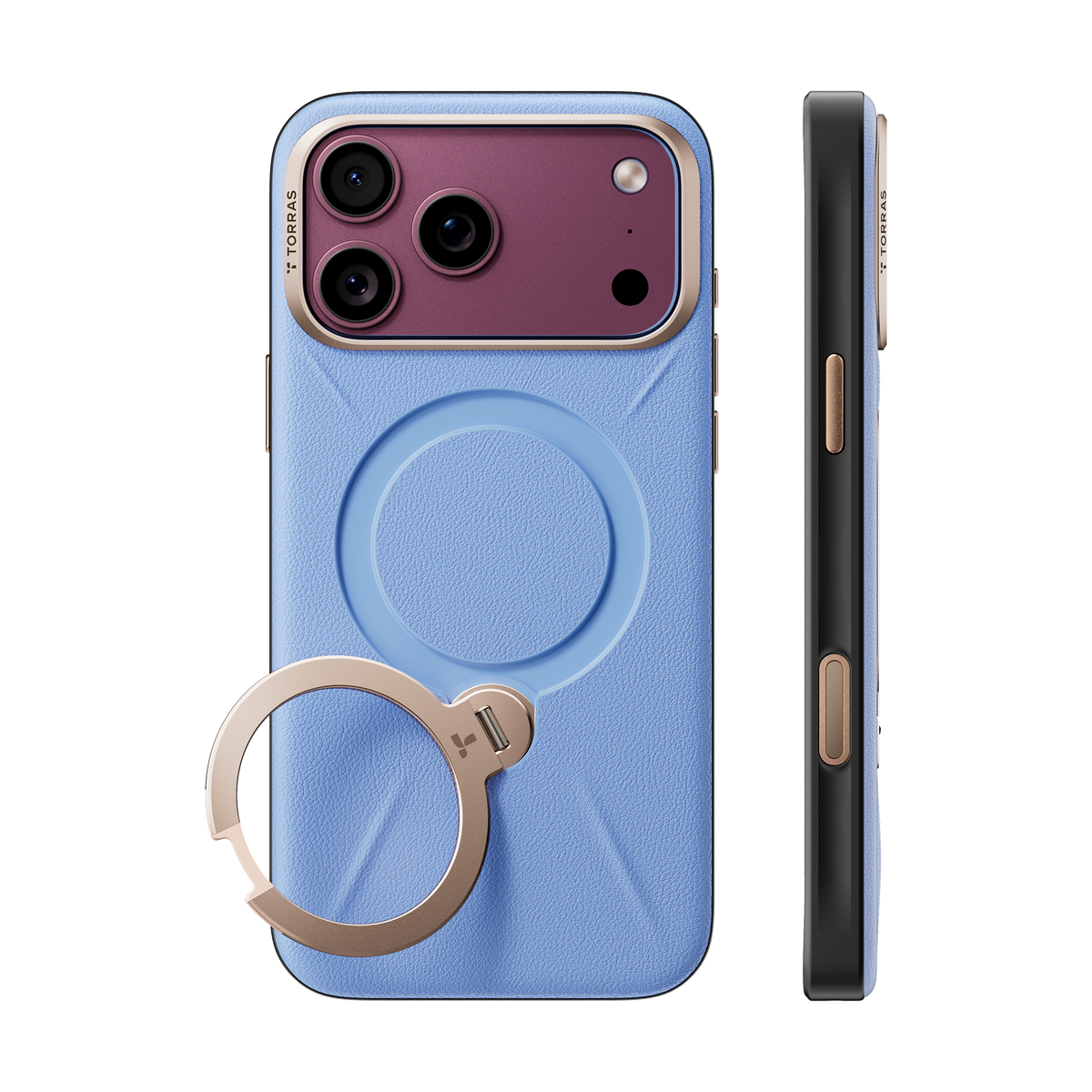 Sky Frost blue VegSkin case on a burgundy iPhone 18 Pro Max, back and side views with a gold ring stand