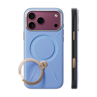 Sky Frost blue VegSkin case on a burgundy iPhone 18 Pro Max, back and side views with a gold ring stand