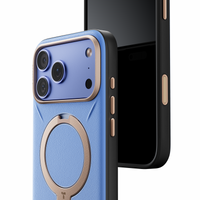 Sky Frost blue VegSkin case at an angle in front of a black iPhone 18 Pro Max, gold ring and camera bezel