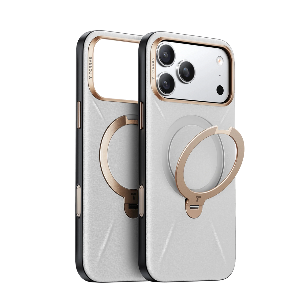 Two White Q3 VegSkin cases, an empty shell and one on an iPhone 18 Pro Max, both with gold ring stands