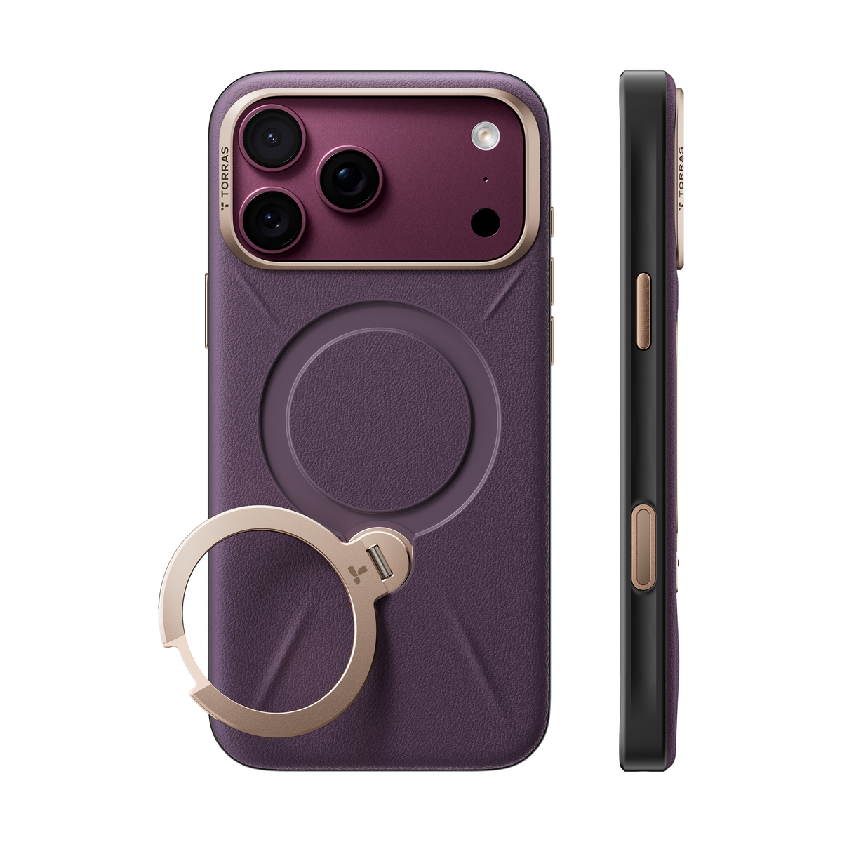 Cloud Plum Q3 VegSkin case on iPhone 18 Pro, back and side views: plum leather back, gold camera bezel and ring stand