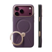 Cloud Plum Q3 VegSkin case on iPhone 18 Pro, back and side views: plum leather back, gold camera bezel and ring stand