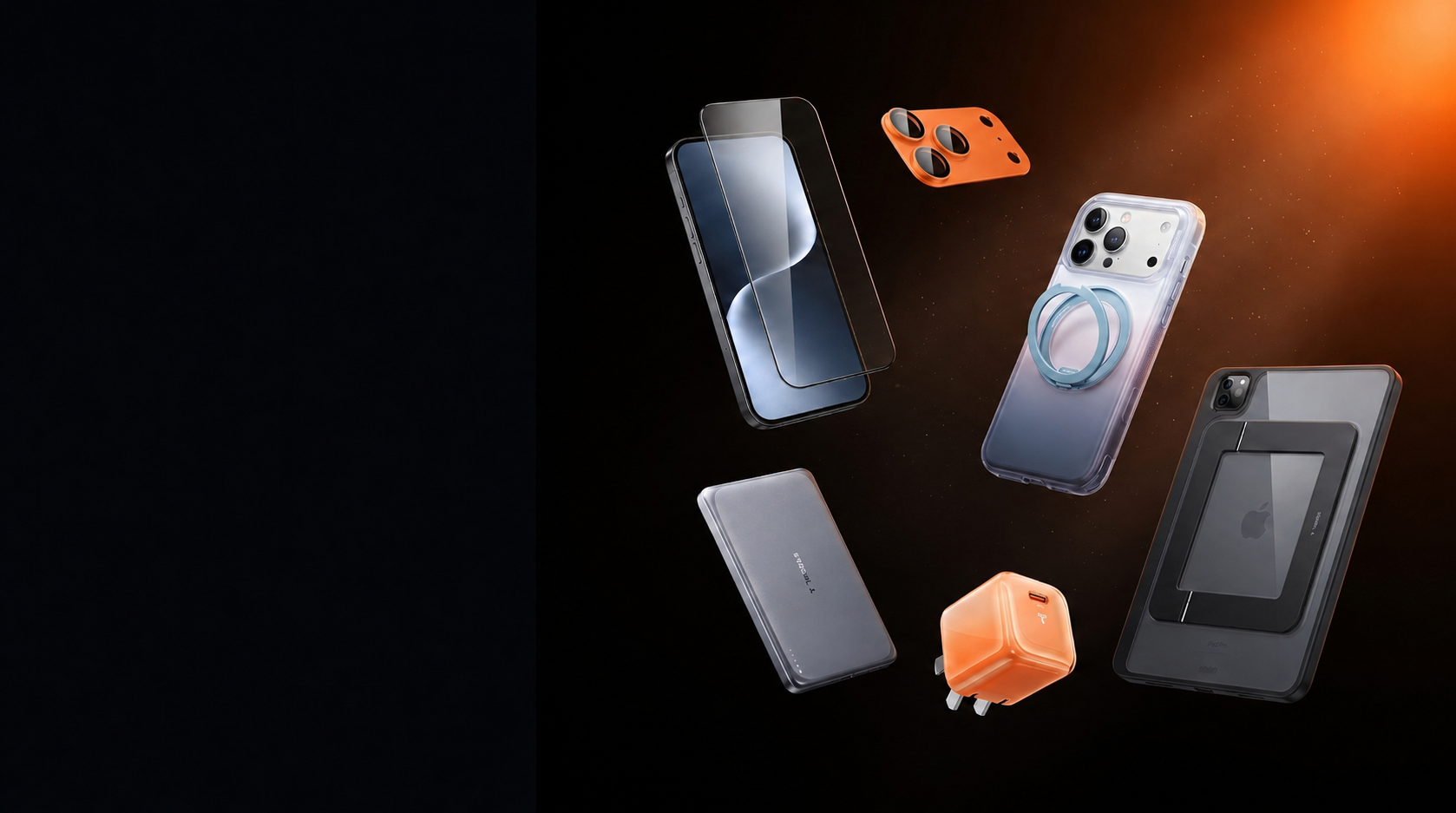 TORRAS Glass product family — screen protectors, cases and accessories on a dark background