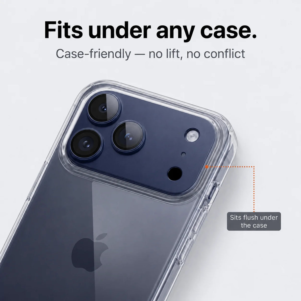CameraGo lens protector — fits under any case, sits flush with no lift or conflict