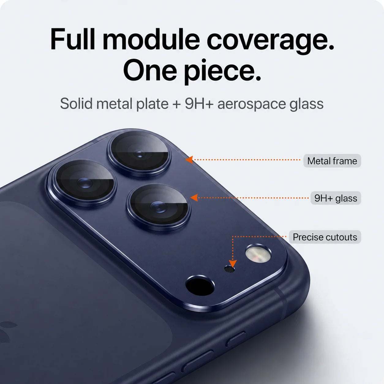 CameraGo lens protector — full module coverage, one-piece metal plate with 9H+ aerospace glass