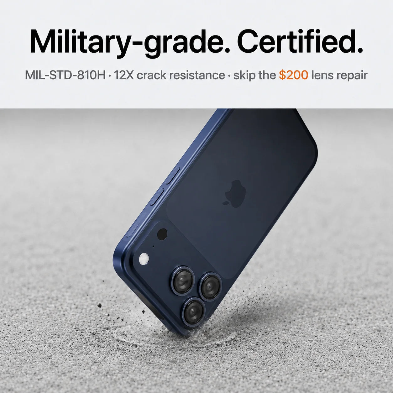 CameraGo lens protector — military-grade MIL-STD-810H certified, 12X crack resistance