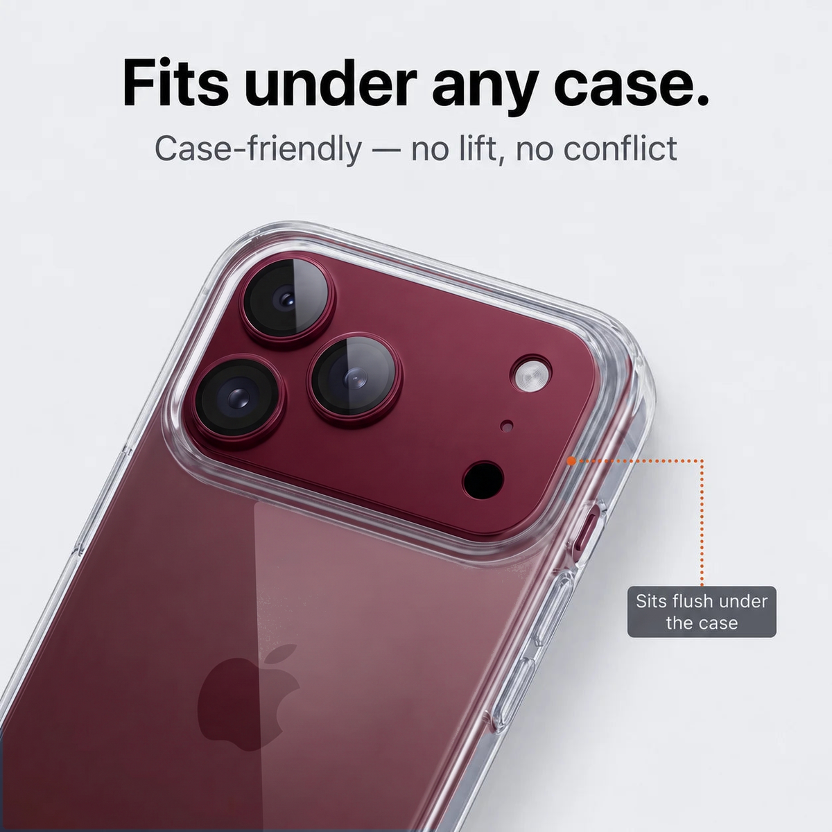 CameraGo lens protector — fits under any case, sits flush with no lift or conflict
