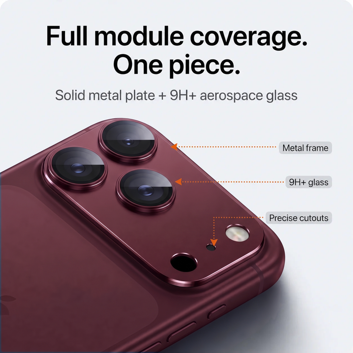 CameraGo lens protector — full module coverage, one-piece metal plate with 9H+ aerospace glass