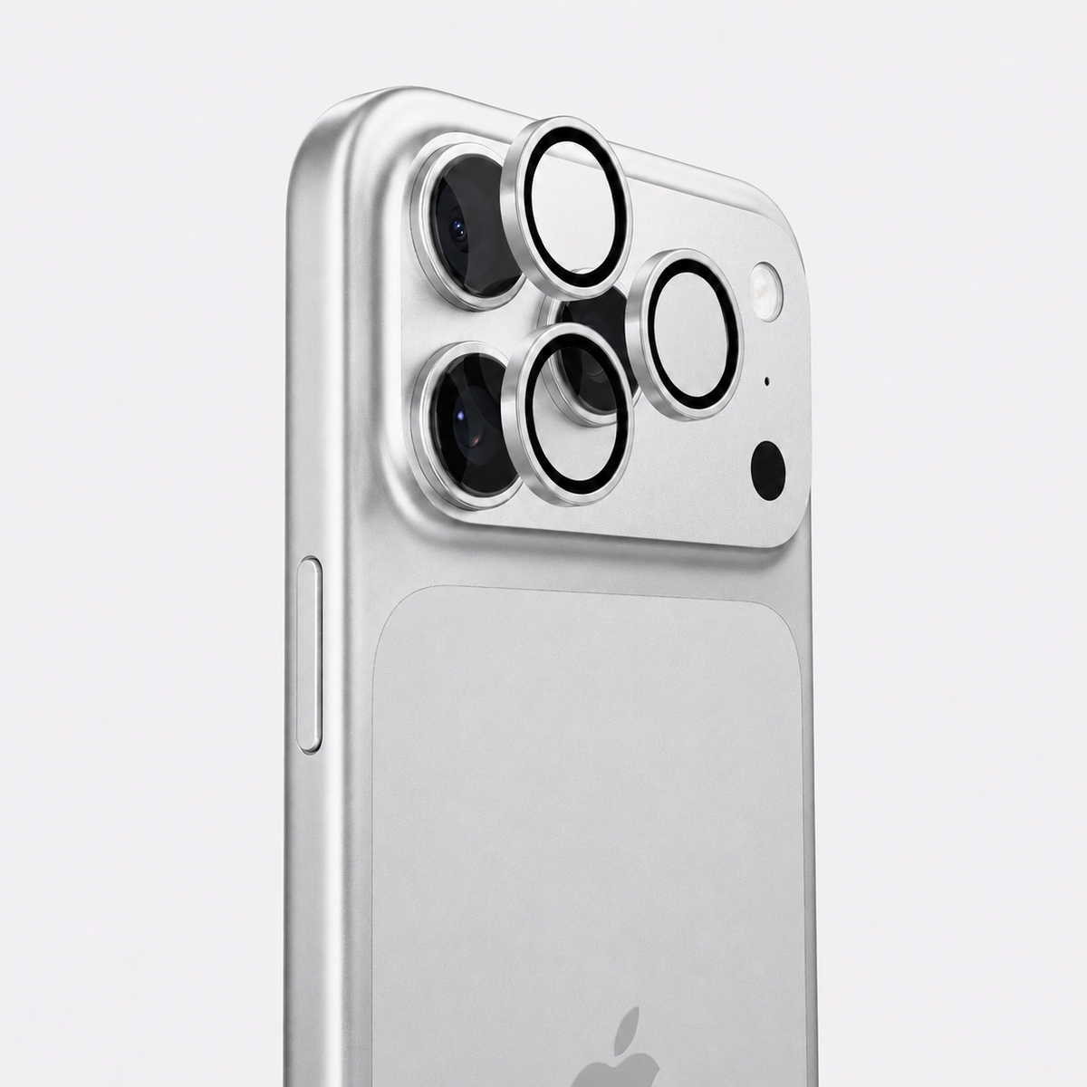 LensGuard lens protector rings on the camera module of a silver iPhone