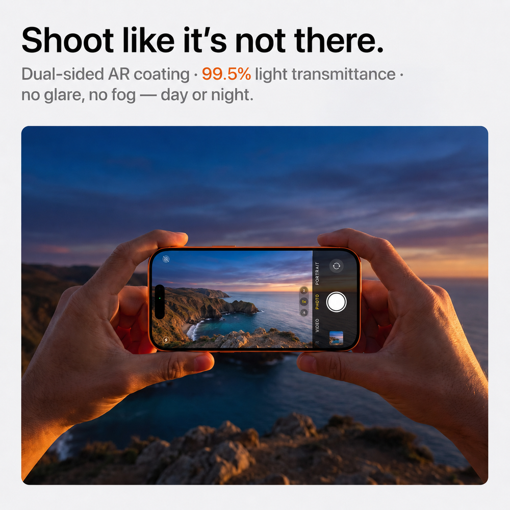 Hands filming a coastal sunset through the lens protector, captioned shoot like it's not there