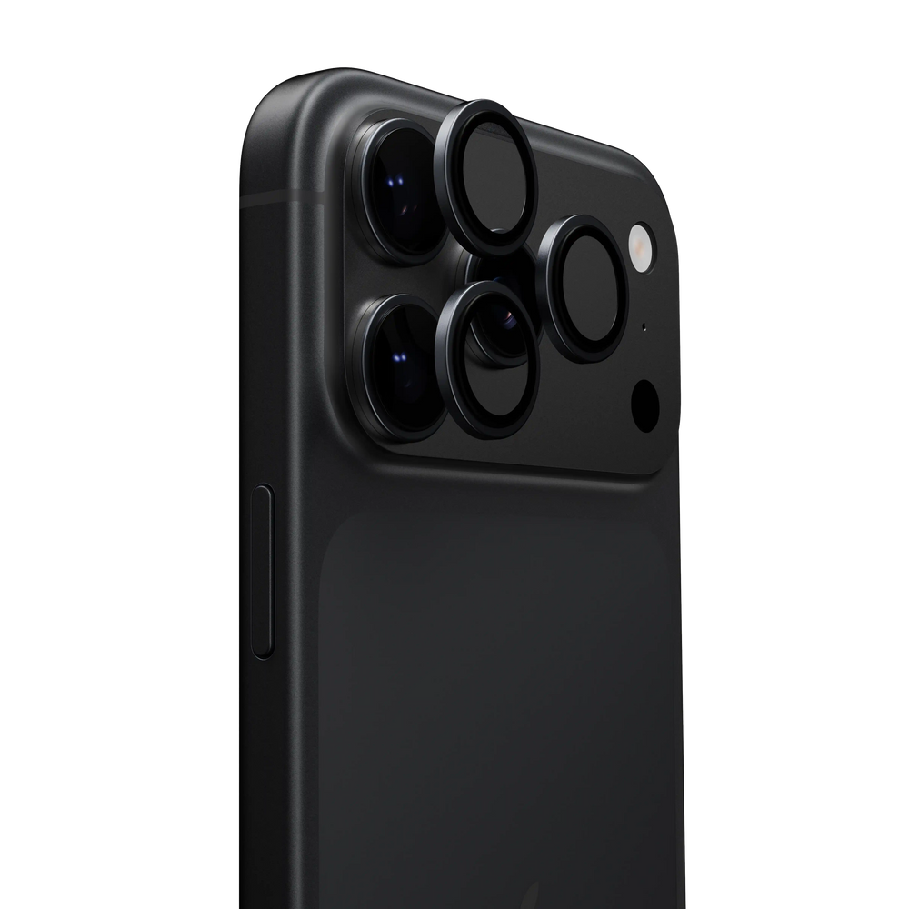 LensGuard lens protector rings on the camera module of a black iPhone 18 Pro