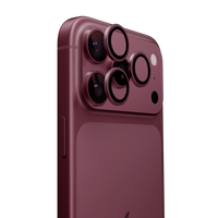 LensGuard lens protector rings on the camera module of a burgundy iPhone 18 Pro