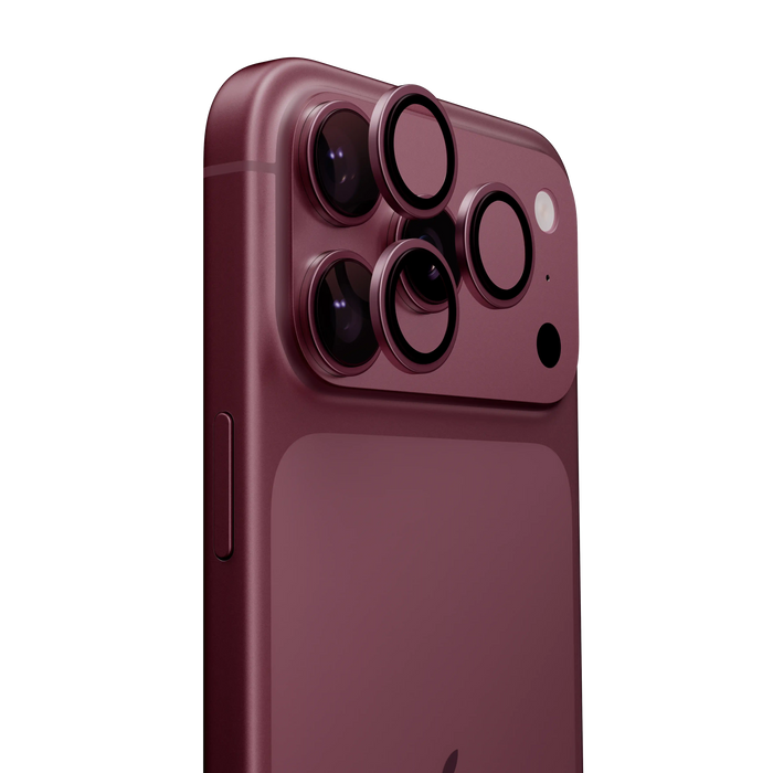 LensGuard lens protector rings on the camera module of a burgundy iPhone 18 Pro