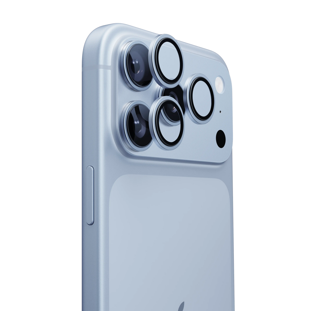 LensGuard lens protector rings on the camera module of a glacier blue iPhone 18 Pro