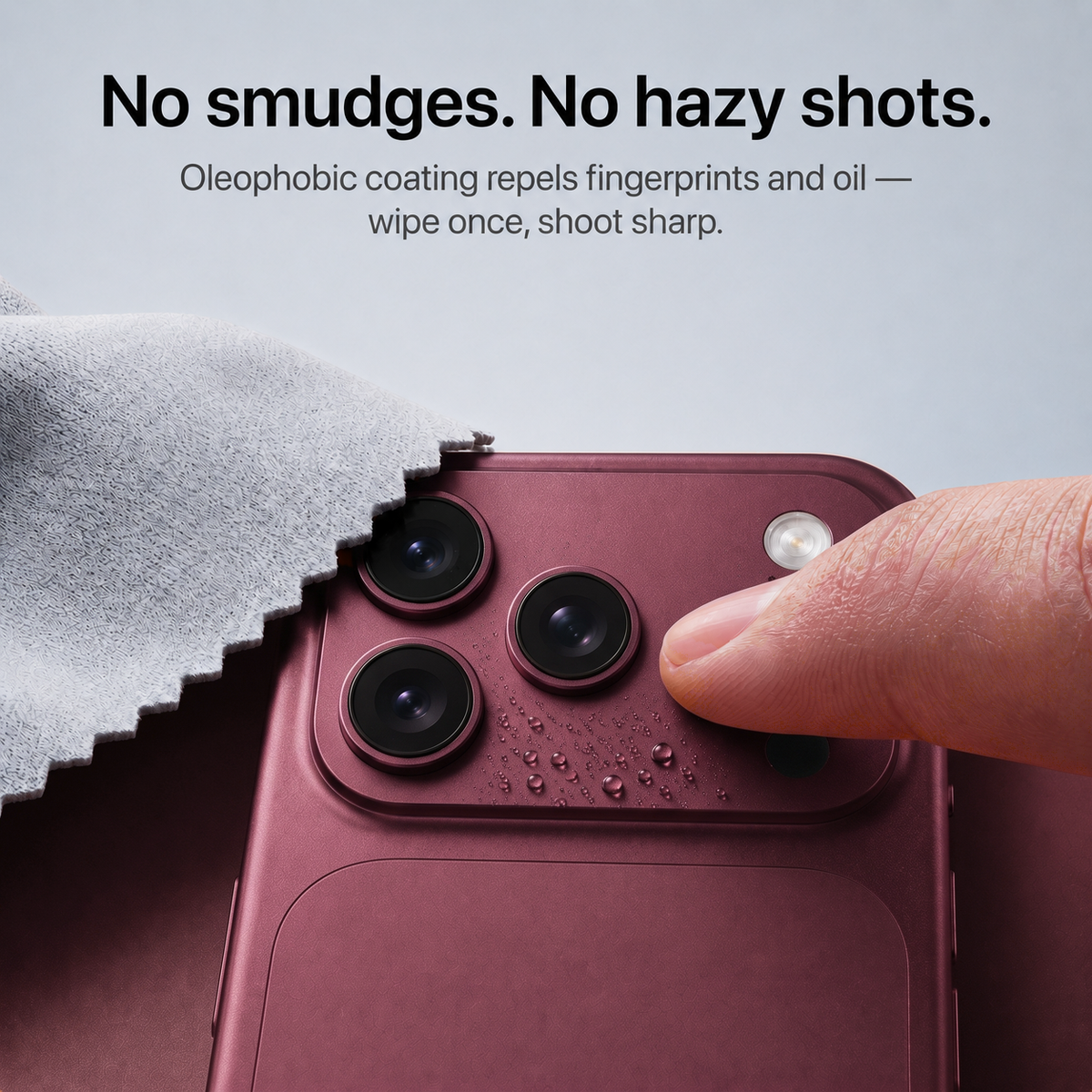 Wiping a cherry red iPhone 18 Pro's lens protector with a cloth, captioned no smudges, no hazy shots