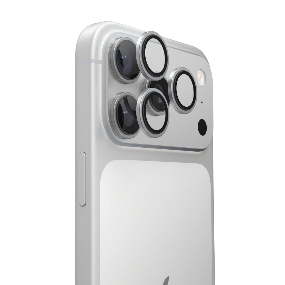 LensGuard lens protector rings on the camera module of a silver iPhone 18 Pro