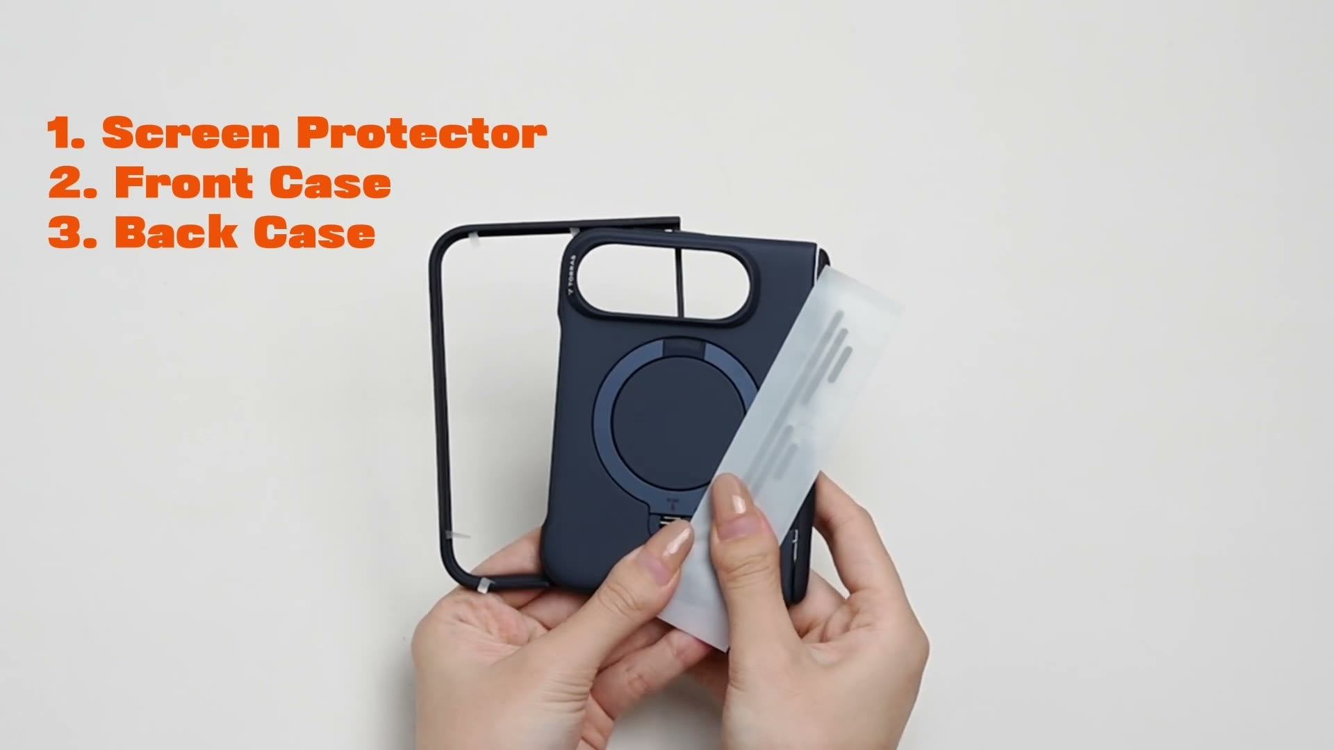 Ostand Q3 Spin for iPhone Duo — screen protector, front case and back case installation