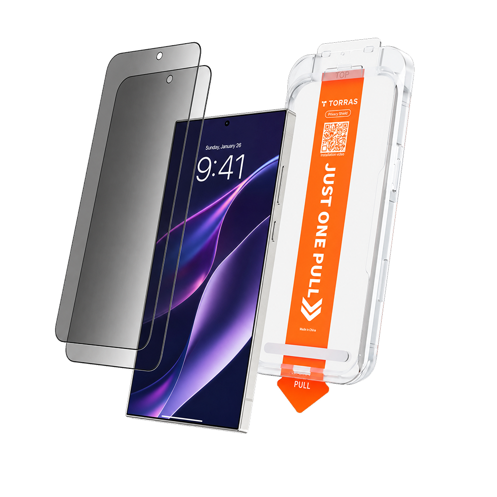Privacy Shield Ultra sheets with the one-pull installation tray beside a Samsung Galaxy