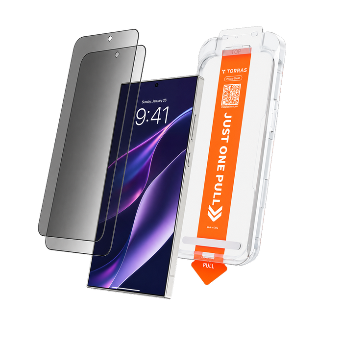 Privacy Shield Ultra sheets with the one-pull installation tray beside a Samsung Galaxy