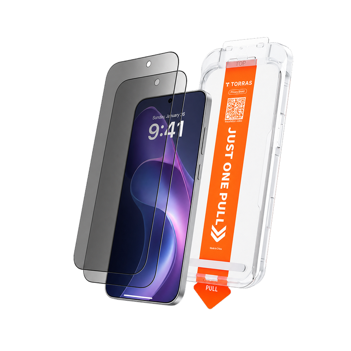 Privacy Shield Ultra sheets with the one-pull installation tray beside a Samsung Galaxy on black