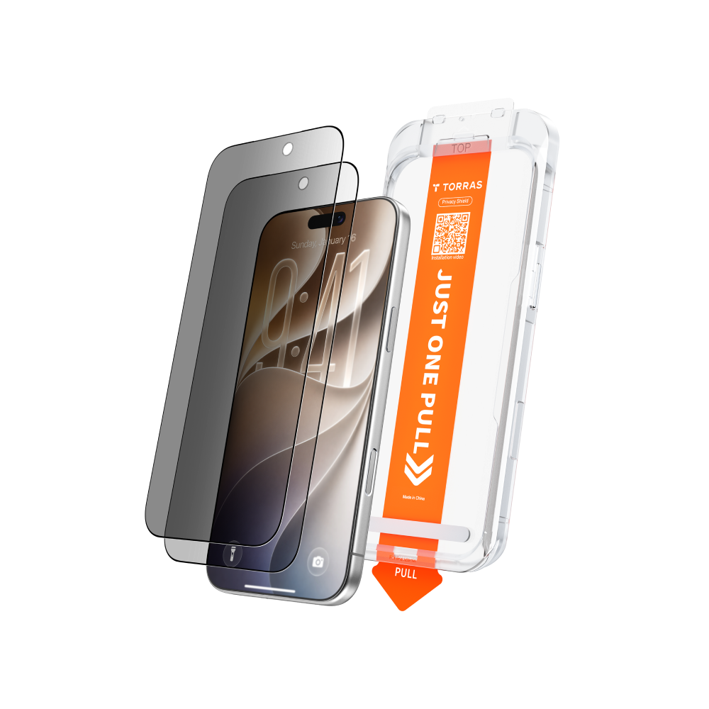 Privacy Shield Ultra 3X sheets with the one-pull installation tray beside an iPhone, on black