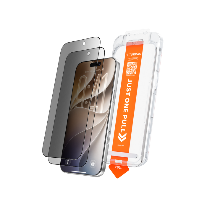 Privacy Shield Ultra 3X sheets with the one-pull installation tray beside an iPhone, on black