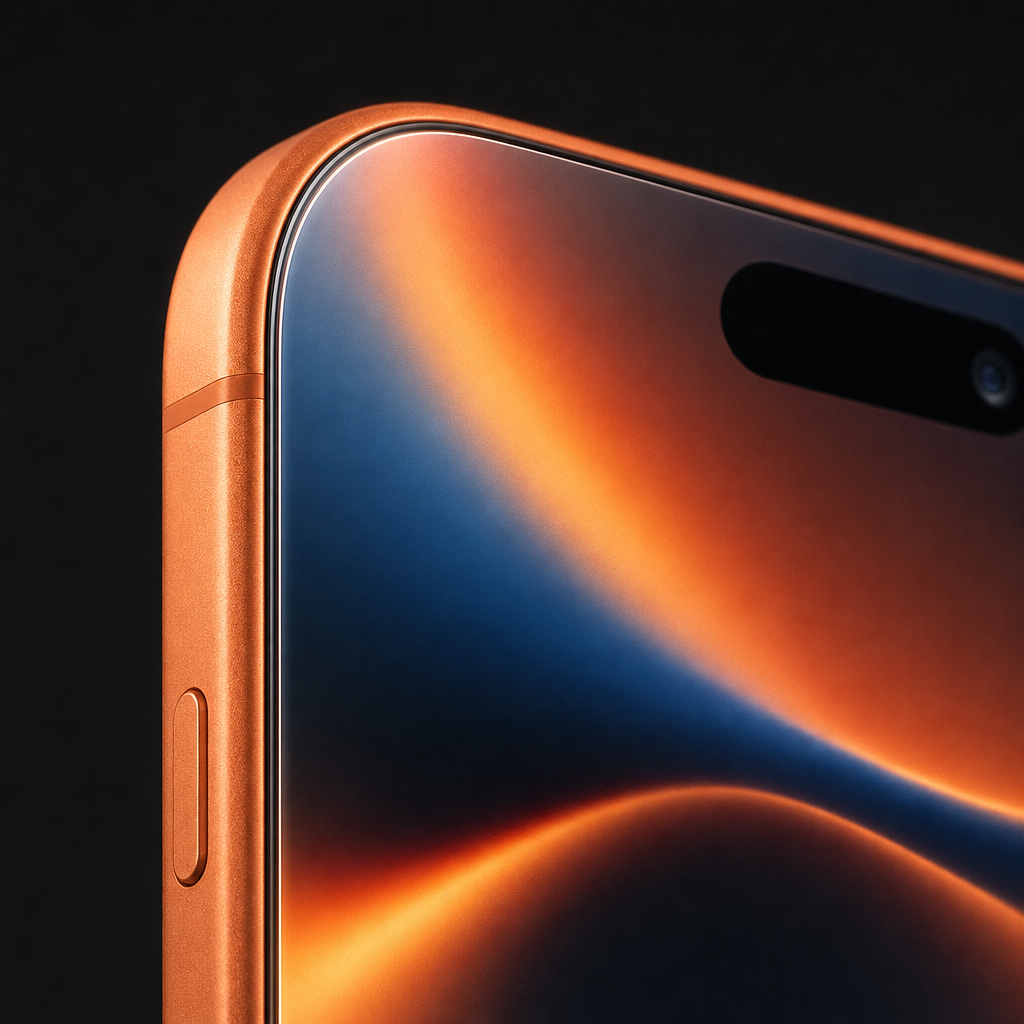 Close-up of iPhone 17 Pro corner with SunView AR borderless screen protector, display colors reaching edge to edge with no black border