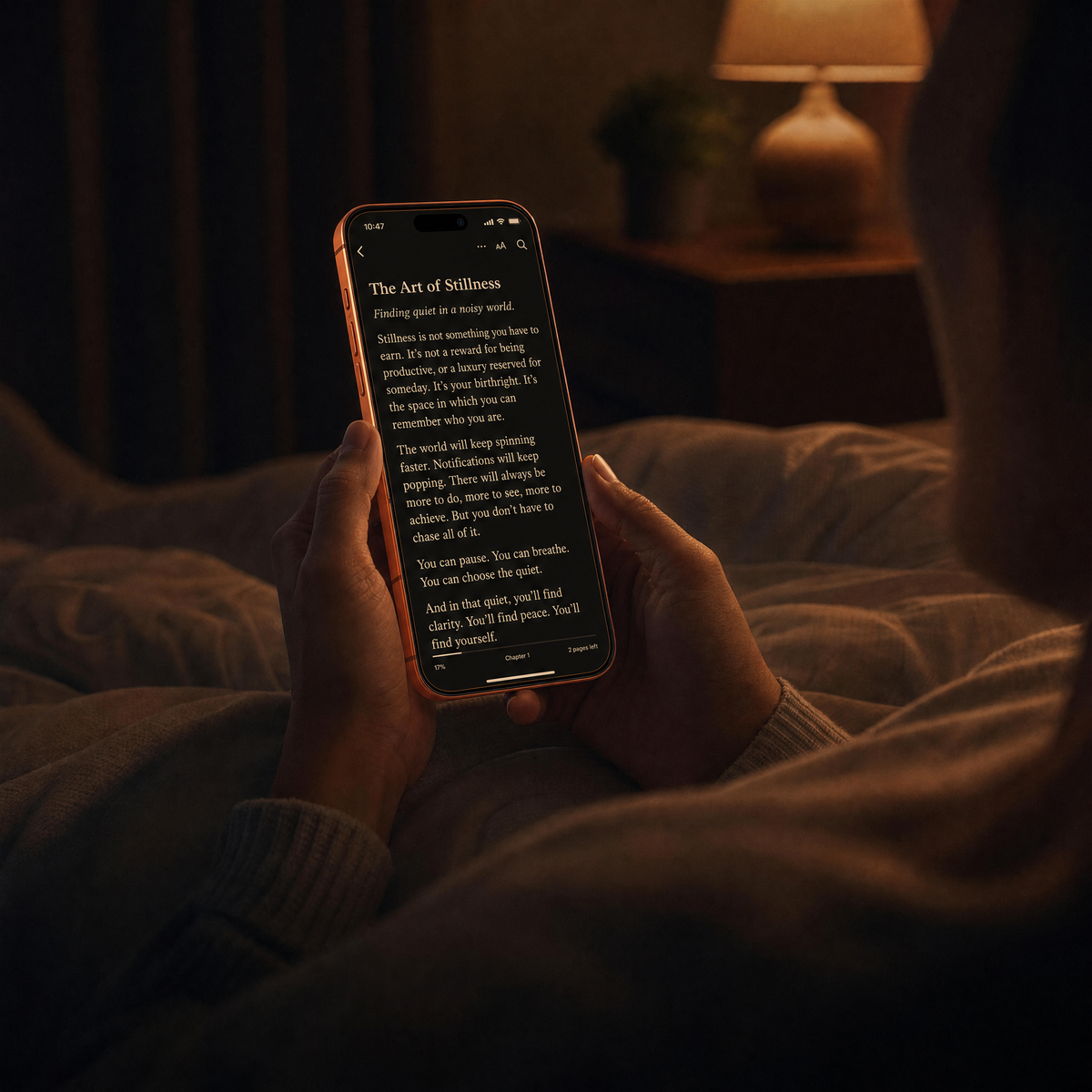 Reading in bed at night on iPhone with TORRAS SunView AR — gentle on the eyes