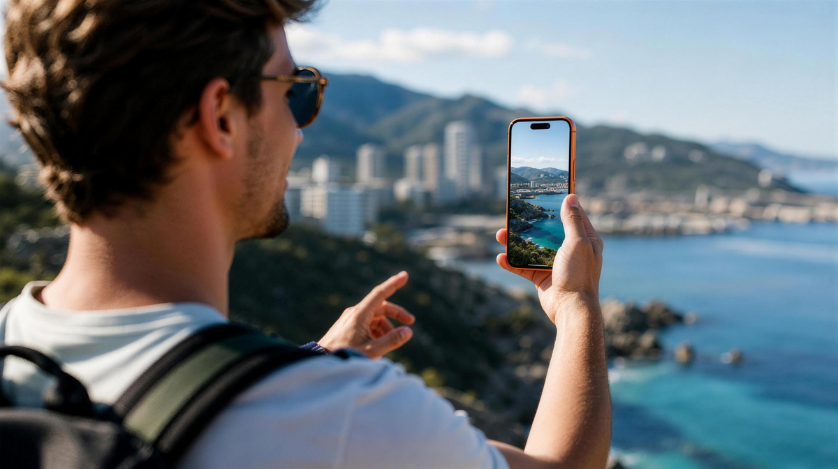 Creator filming outdoors in bright sunlight with iPhone 17 Pro, SunView AR keeps the screen readable without maxing brightness